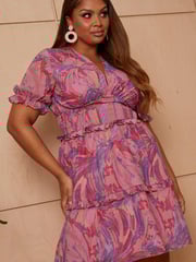 Chi Chi London Pink & Purple Puff Sleeve V Neck Tiered Abstract Midi Dress - Image 3 of 5