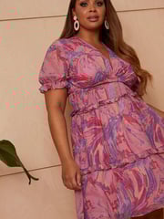 Chi Chi London Pink & Purple Puff Sleeve V Neck Tiered Abstract Midi Dress - Image 4 of 5