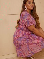 Chi Chi London Pink & Purple Puff Sleeve V Neck Tiered Abstract Midi Dress - Image 5 of 5