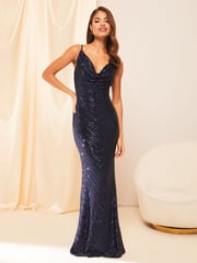 Lipsy Navy Petite Paige Sequin Cami Cowl Bridesmaid Dress - Image 1 of 4