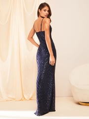 Lipsy Navy Petite Paige Sequin Cami Cowl Bridesmaid Dress - Image 2 of 4