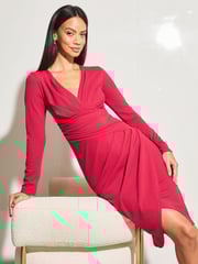 Lipsy Berry Red Long Sleeve Wrap Gathered Waist Midi Dress - Image 3 of 4