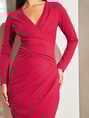 Lipsy Berry Red Long Sleeve Wrap Gathered Waist Midi Dress - Image 4 of 4