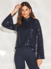 Lipsy Navy Blue Flare Sleeve High Neck Blouse - Image 1 of 4