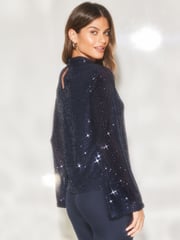 Lipsy Navy Blue Flare Sleeve High Neck Blouse - Image 2 of 4