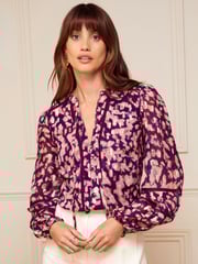 Love & Roses Berry Red Red Animal Ruffle Neck Lace Trim Long Sleeve Button Through Blouse - Image 1 of 4