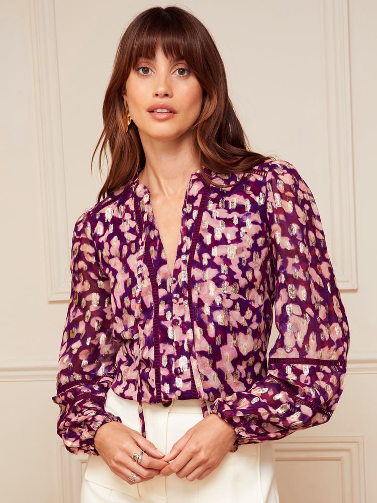 Love & Roses Berry Red Red Animal Ruffle Neck Lace Trim Long Sleeve Button Through Blouse - Image 1 of 4
