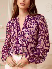 Love & Roses Berry Red Red Animal Ruffle Neck Lace Trim Long Sleeve Button Through Blouse - Image 2 of 4