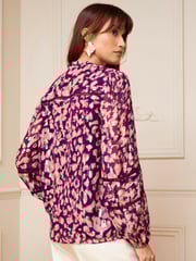 Love & Roses Berry Red Red Animal Ruffle Neck Lace Trim Long Sleeve Button Through Blouse - Image 3 of 4
