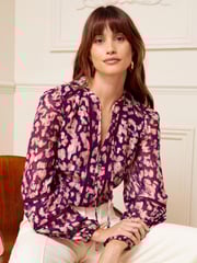 Love & Roses Berry Red Red Animal Ruffle Neck Lace Trim Long Sleeve Button Through Blouse - Image 4 of 4