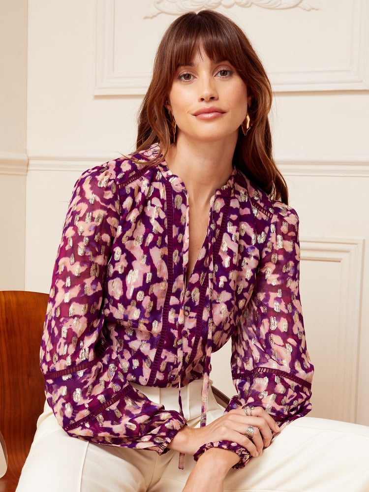 Love & Roses Berry Red Red Animal Ruffle Neck Lace Trim Long Sleeve Button Through Blouse - Image 4 of 4