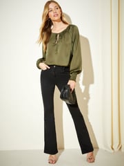 Friends Like These Khaki Green Tie Neck Long Sleeve Blouse - Image 3 of 4