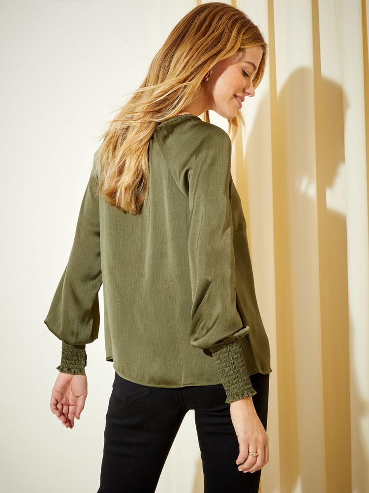 Friends Like These Khaki Green Tie Neck Long Sleeve Blouse - Image 4 of 4