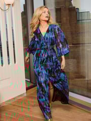Love & Roses Blue Smudge Metallic V Neck Long Sleeve Midi Dress - Image 3 of 4