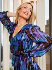Love & Roses Blue Smudge Metallic V Neck Long Sleeve Midi Dress - Image 4 of 4