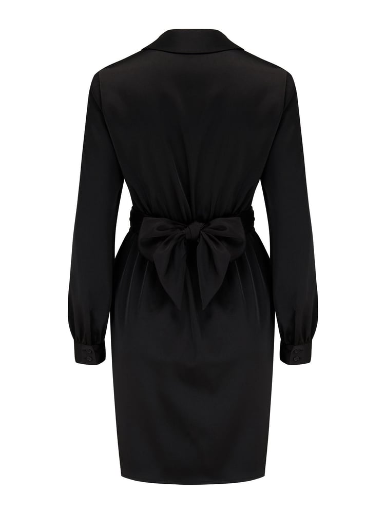 Pour Moi Black Fuller Bust Maisie Satin Wrap Front Collar Mini Dress - Image 5 of 5