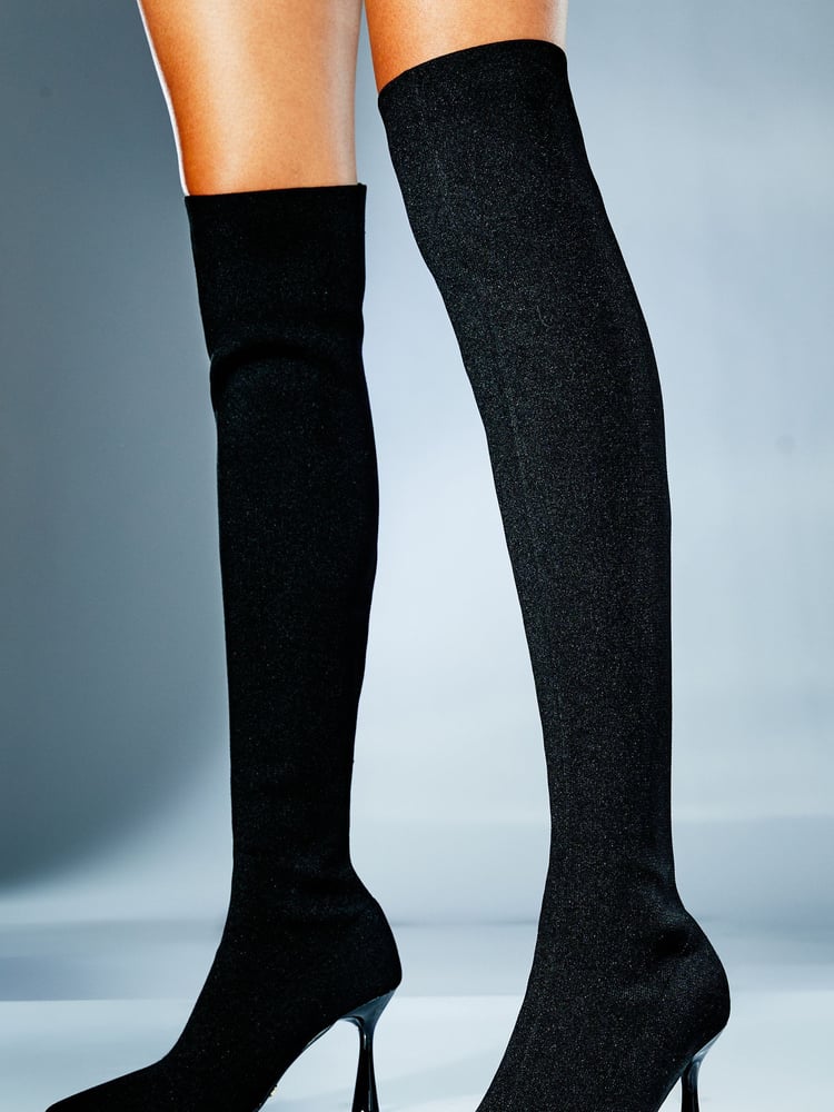 Lipsy Black Standard Fit Mid Heel Over The Knee Knitted Sock Boot - Image 2 of 5