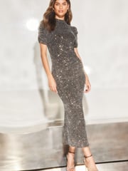 Lipsy Silver Glitter Jersey Short Sleeve Ruched Split Midi Dress - Image 1 of 4