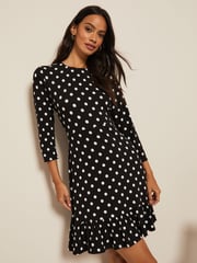 Friends Like These Black/White Spot Fit And Flare Round Neck 3/4 Sleeve Dress - Image 1 of 4