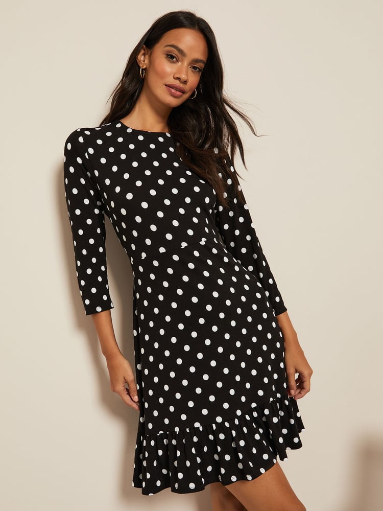 Friends Like These Black/White Spot Fit And Flare Round Neck 3/4 Sleeve Dress - Image 1 of 4
