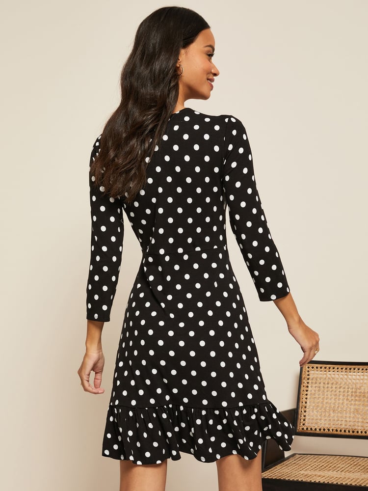 Friends Like These Black/White Spot Fit And Flare Round Neck 3/4 Sleeve Dress - Image 2 of 4