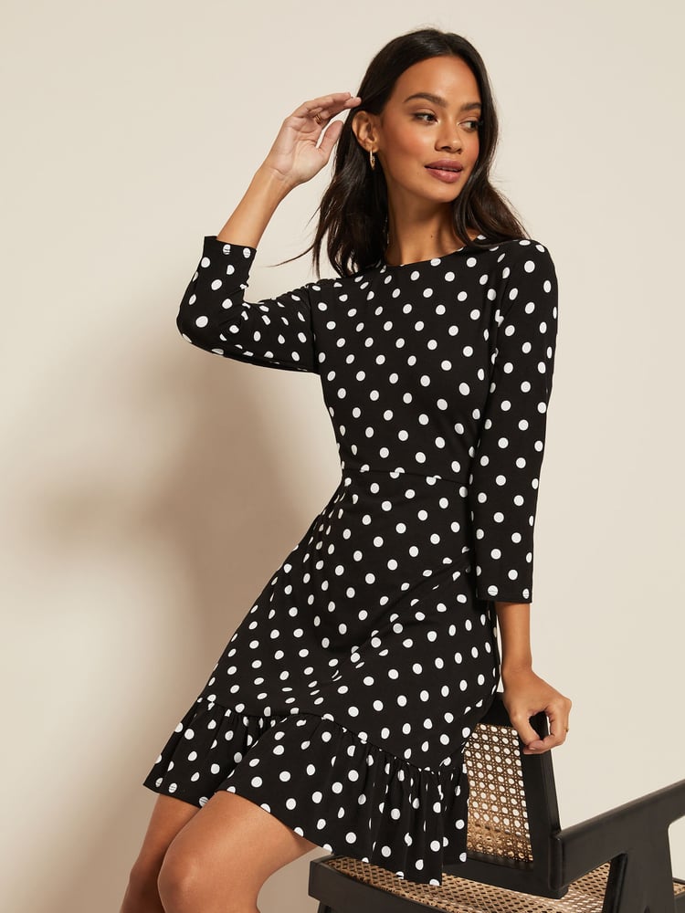 Friends Like These Black/White Spot Fit And Flare Round Neck 3/4 Sleeve Dress - Image 4 of 4
