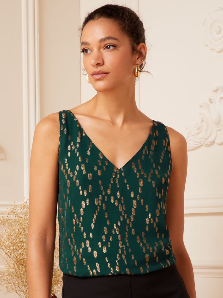 Love & Roses Forest Green Green V Neck V Back Woven Vest - Image 1 of 4