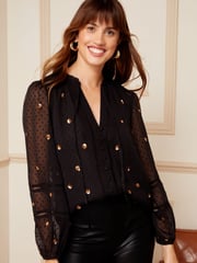 Love & Roses Black Embellished Ruffle Neck Lace Trim Long Sleeve Button Through Blouse - Image 1 of 4