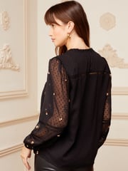 Love & Roses Black Embellished Ruffle Neck Lace Trim Long Sleeve Button Through Blouse - Image 3 of 4