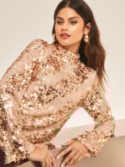 Lipsy Pink Ombre Flare Sleeve High Neck Blouse - Image 4 of 4