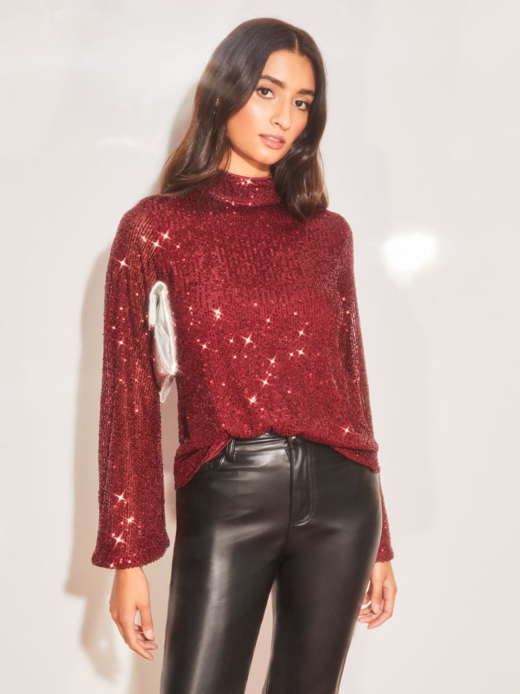 Lipsy Red Flare Sleeve High Neck Blouse - Image 1 of 4 Lipsy Red Flare Sleeve High Neck Blouse - Image 1 of 4