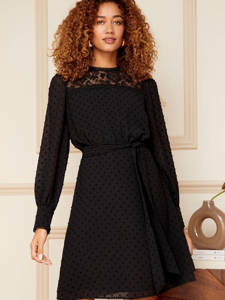 Love & Roses Black Lace Yoke Dobby Skater Dress - Image 1 of 4 Love & Roses Black Lace Yoke Dobby Skater Dress - Image 1 of 4