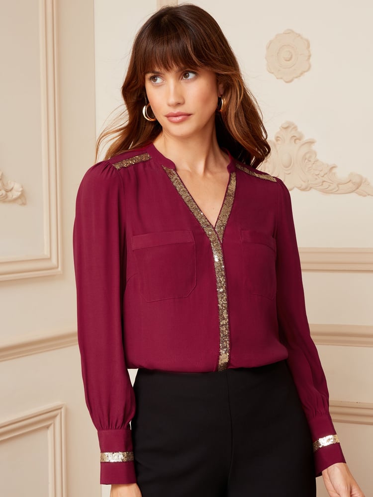 Love & Roses Berry Red Sequin V Neck Long Sleeve Blouse - Image 1 of 4 Love & Roses Berry Red Sequin V Neck Long Sleeve Blouse - Image 1 of 4