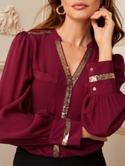 Love & Roses Berry Red Sequin V Neck Long Sleeve Blouse - Image 2 of 4