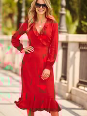 Sosandar Red Ruffle Neck Fit N Flare Dress - Image 1 of 4