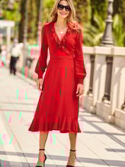 Sosandar Red Ruffle Neck Fit N Flare Dress - Image 2 of 4