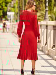 Sosandar Red Ruffle Neck Fit N Flare Dress - Image 3 of 4