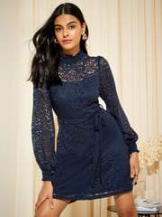 Friends Like These Navy Blue Long Sleeve Lace Mini Dress - Image 1 of 4