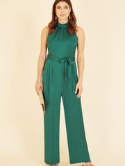 Yumi Emerald Green Satin Halterneck Jumpsuit With Pockets - Image 1 of 5