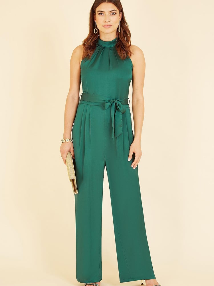 Yumi Emerald Green Satin Halterneck Jumpsuit With Pockets - Image 1 of 5