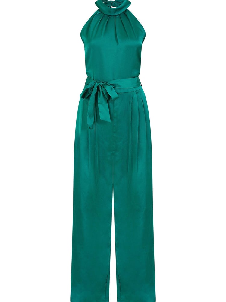 Yumi Emerald Green Satin Halterneck Jumpsuit With Pockets - Image 5 of 5