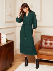 Love & Roses Forest Green 3/4 Sleeve Dobby Lace Trim Midi Dress - Image 1 of 4