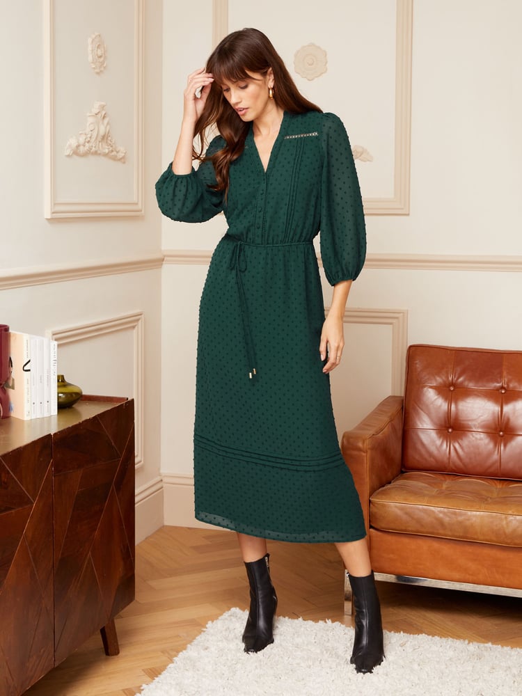 Love & Roses Forest Green 3/4 Sleeve Dobby Lace Trim Midi Dress - Image 1 of 4