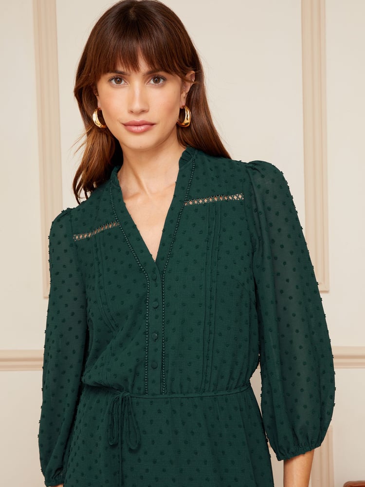 Love & Roses Forest Green 3/4 Sleeve Dobby Lace Trim Midi Dress - Image 2 of 4