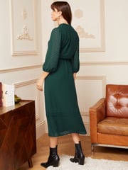 Love & Roses Forest Green 3/4 Sleeve Dobby Lace Trim Midi Dress - Image 3 of 4
