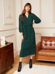 Love & Roses Forest Green 3/4 Sleeve Dobby Lace Trim Midi Dress - Image 4 of 4