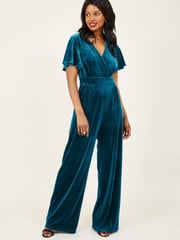 Yumi Teal Blue Velvet Jumpsuit - Image 1 of 4