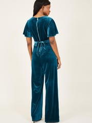 Yumi Teal Blue Velvet Jumpsuit - Image 3 of 4