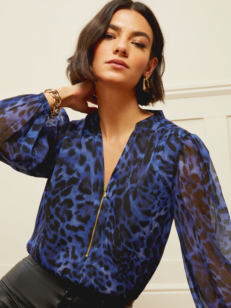 Love & Roses Navy Blue Blue Animal Zip Front Mix Sheer Long Sleeve Blouse - Image 1 of 4
