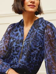 Love & Roses Navy Blue Blue Animal Zip Front Mix Sheer Long Sleeve Blouse - Image 2 of 4